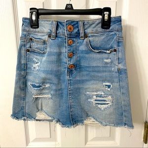Distressed high waisted denim skirt